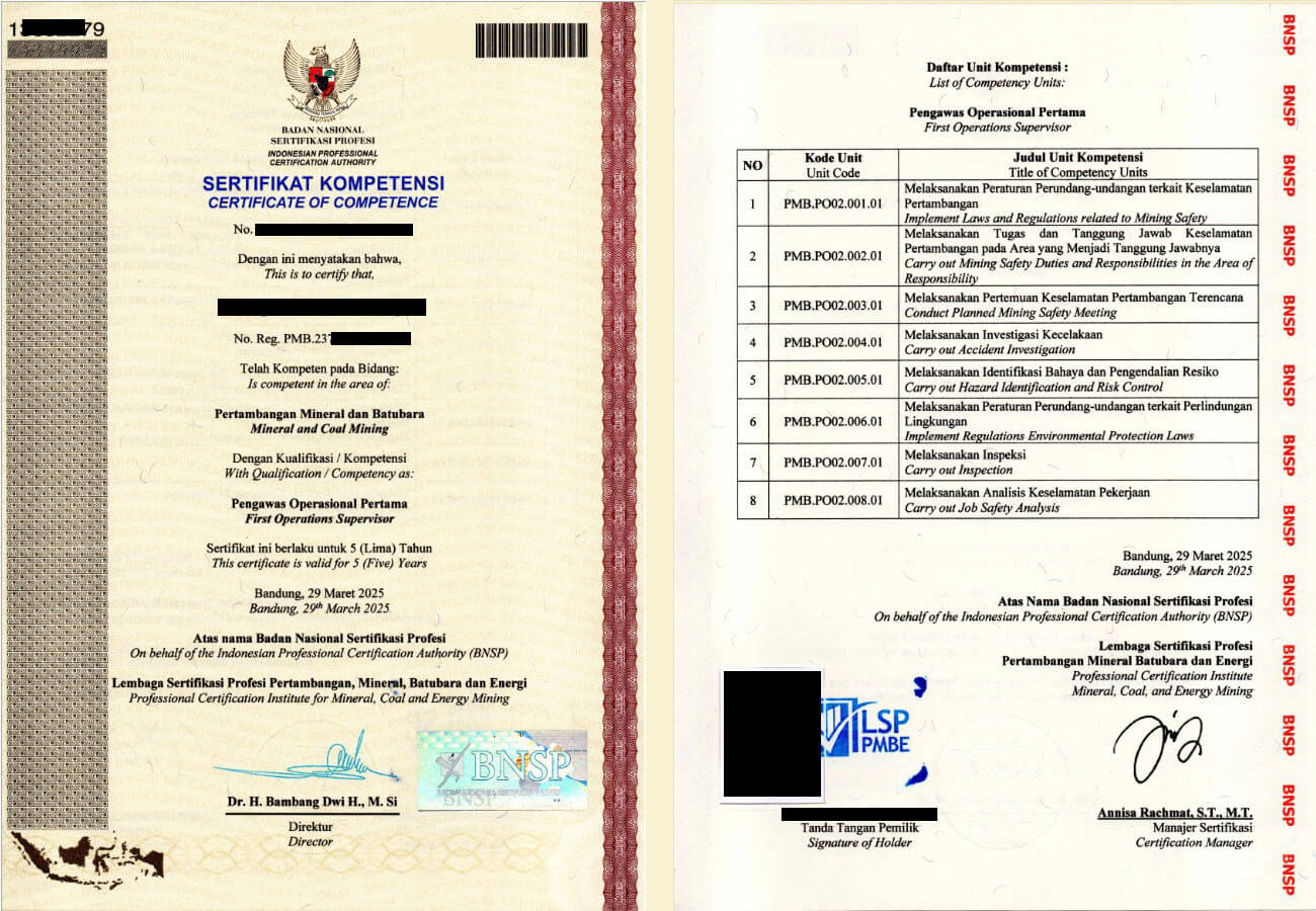 Contoh Sertifikat POP POM POU BNSP Pengawas Operasional Pertambangan